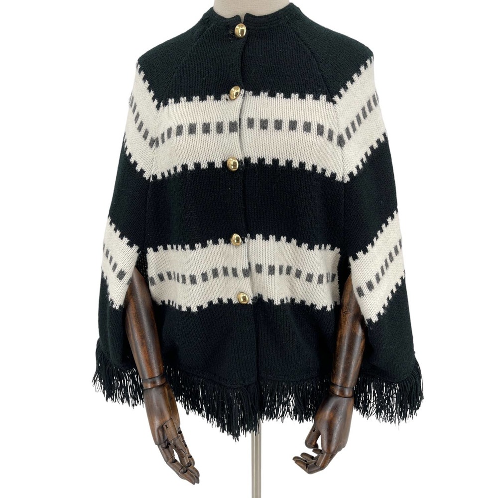 Vintage 70s Black and White Poncho Fringed Button Front Boho Sturbridge S M